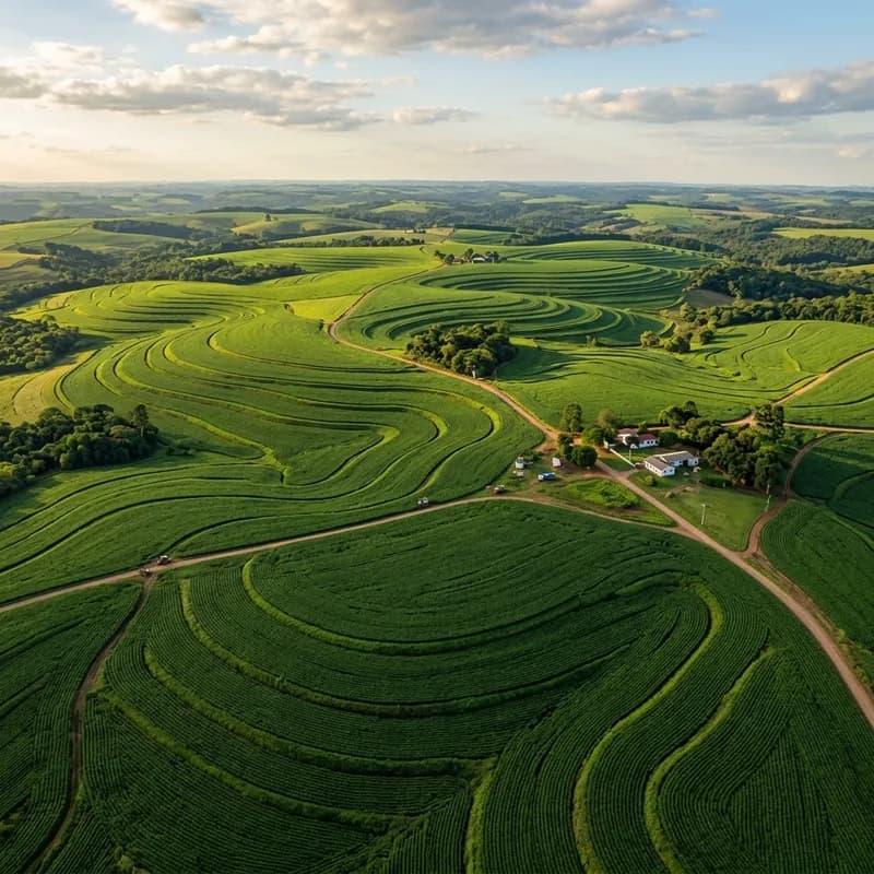 Vista aérea de colinas agrícolas e lavouras no Sul do Brasil