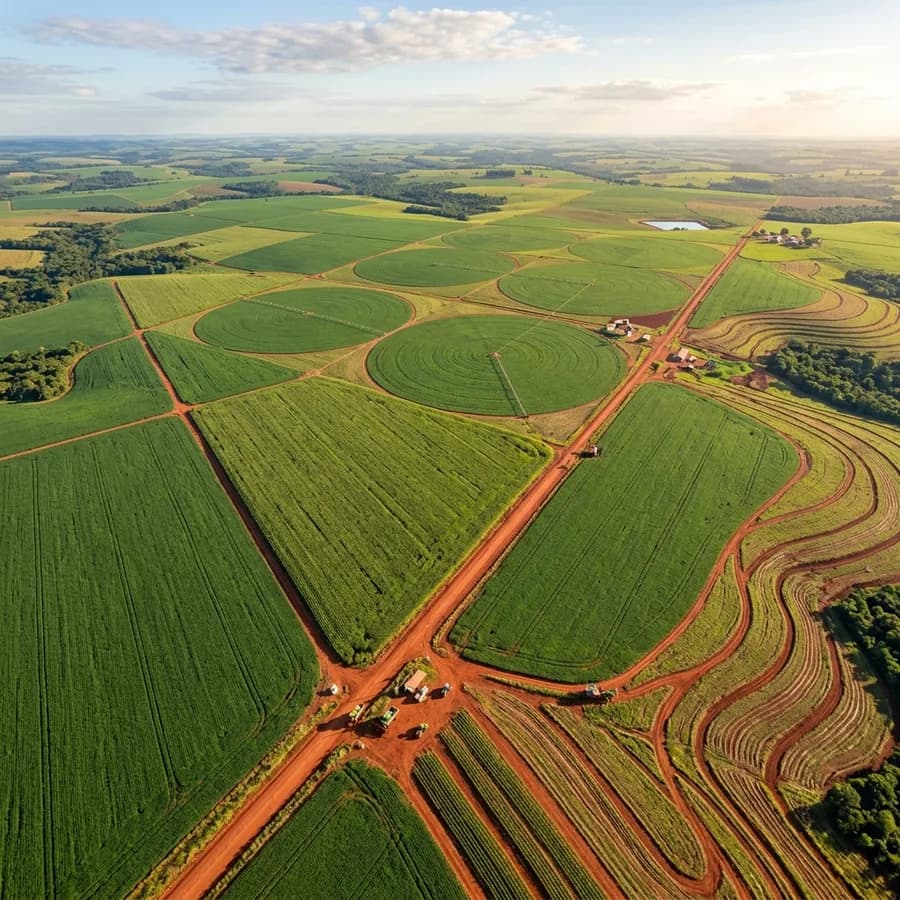 Vista aérea de lavouras e pivôs de irrigação em São Paulo e Sudeste