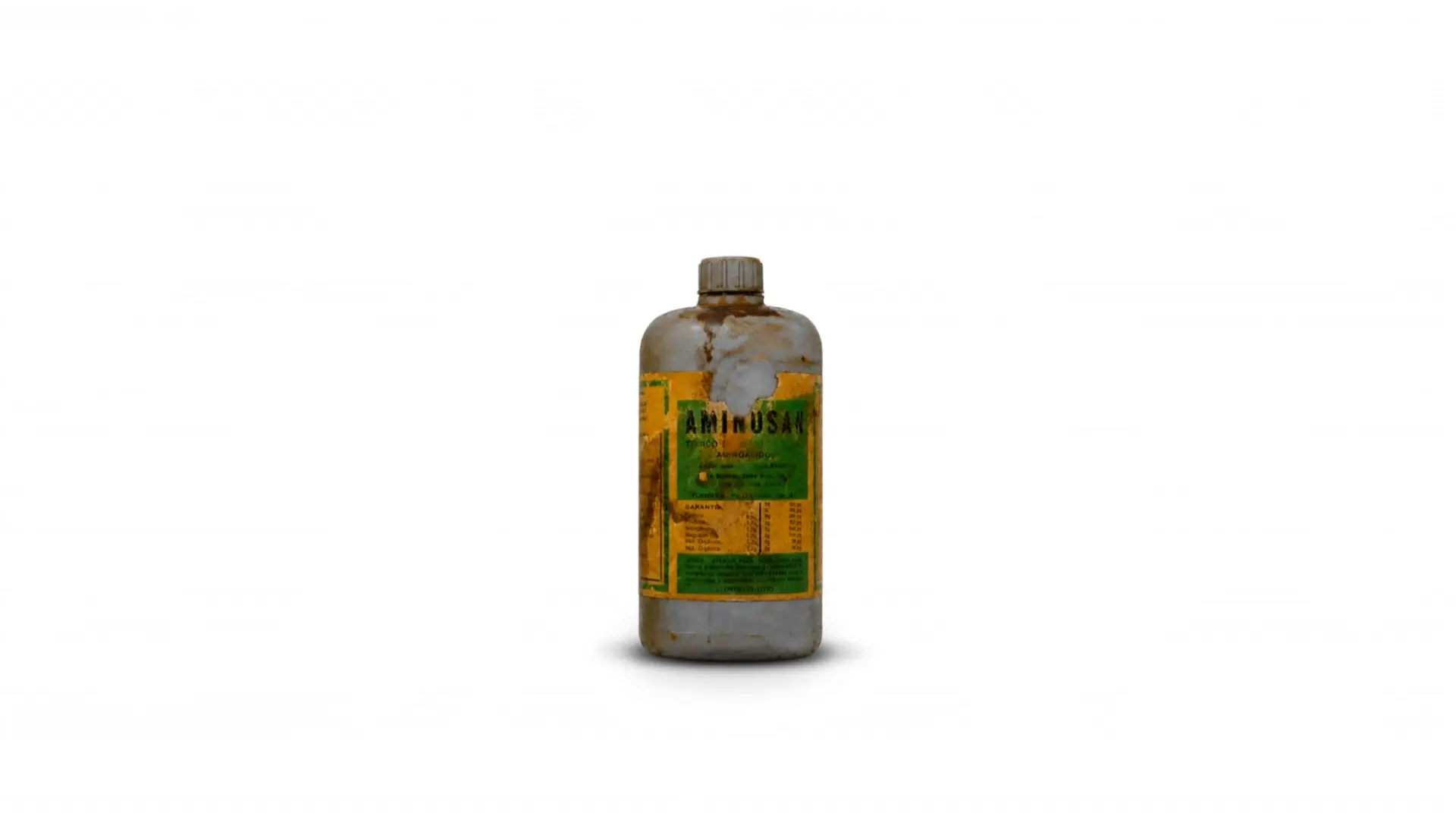 O primeiro frasco do Aminosan, peça histórica da empresa exposta como relíquia