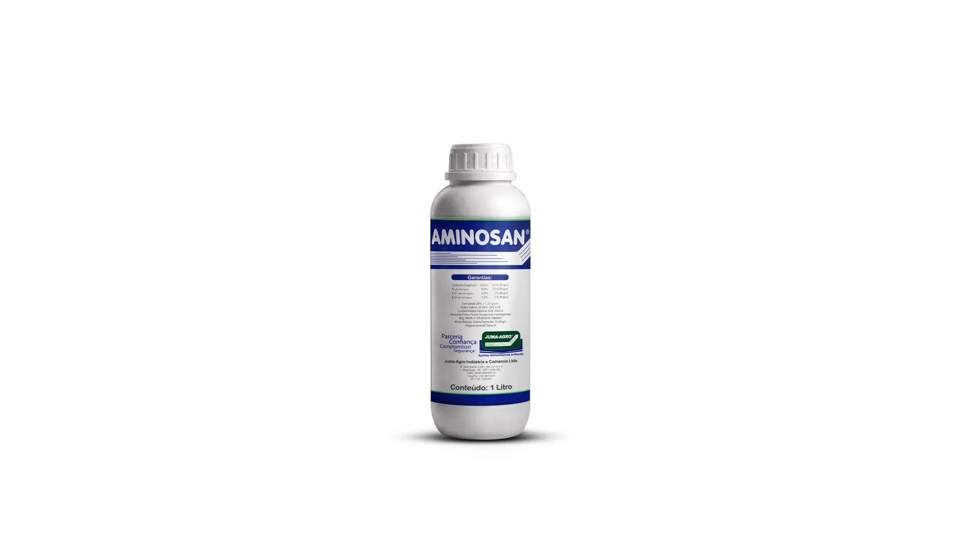 Frasco atual do Aminosan, produto vigente da linha Juma-Agro
